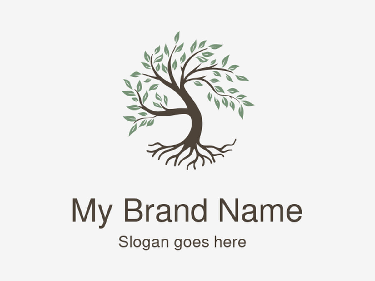 Minimalist Tree Logo with Exposed Roots and Green Leaves for Wellness, Environmental, and Natural Product Brands